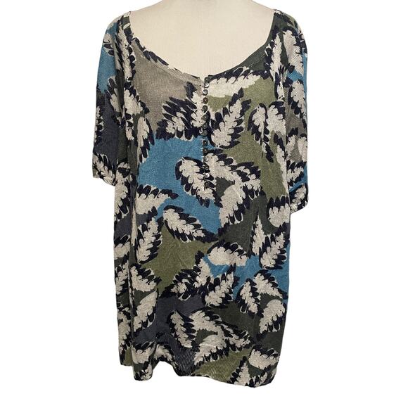 Nic & Zoe Lightweight Sweater Top Womens Size 3X Blue Olive Abstract Leaf Linen - Picture 1 of 7
